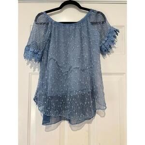 Belle France blue crochet/lace short sleeve blue boho delicate shirt sz S #1663